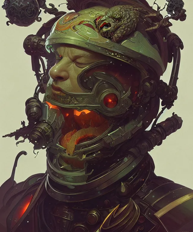 Image similar to Jamie Oliver as Space Ork, portrait, fantasy, intricate, elegant, highly detailed, digital painting, artstation, concept art, smooth, sharp focus, illustration, art by artgerm and greg rutkowski and alphonse mucha