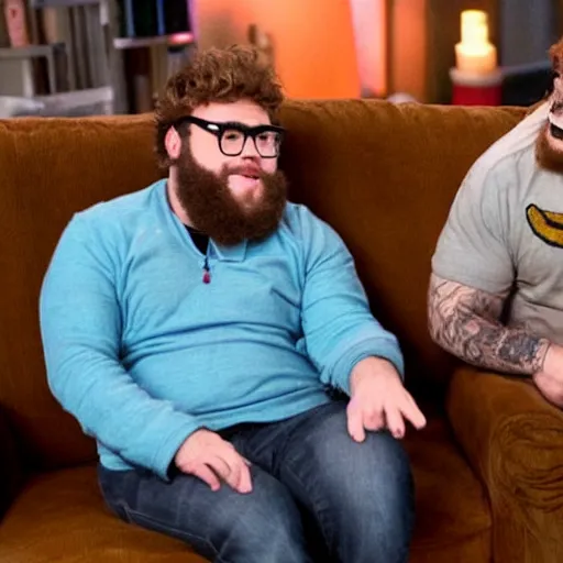 Prompt: seth rogan sitting down on a couch next to a minion, sharing a bong