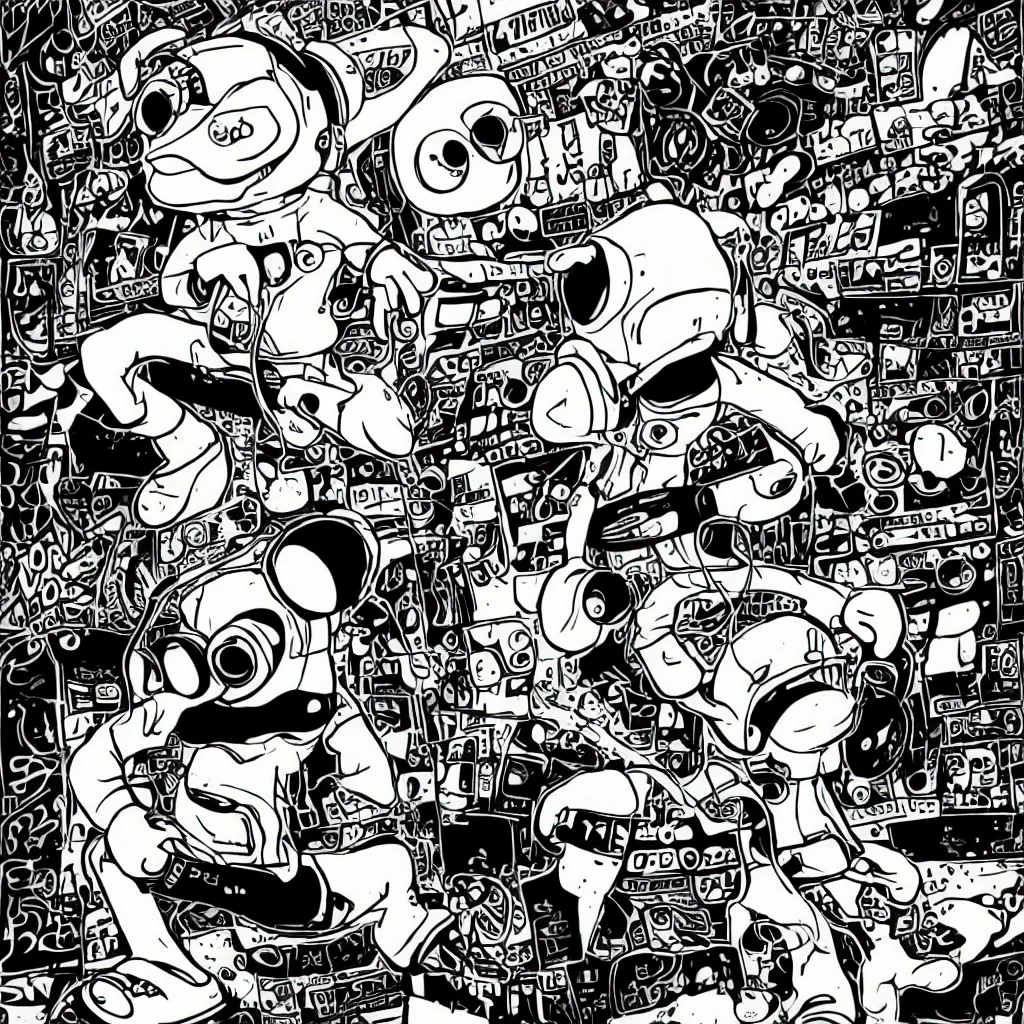 Image similar to a toad wearing headphones, ryuta ueda artwork, breakcore, style of jet set radio, y 2 k, gloom, space, cel - shaded art style, record store, data, minimal, code, cybernetic, dark, eerie, cyber