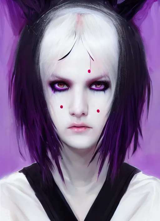 Image similar to whitebangs, black hair, black cyberlox, portrait of white teenage girl, normal face, white bangs, fluffy bangs, cyberlox, whitebangs, red contact lenses, purple background, intricate, elegant, highly detailed, digital painting, artstation, concept art, sharp focus, smooth, illustration, art by wlop, mars ravelo and greg rutkowski