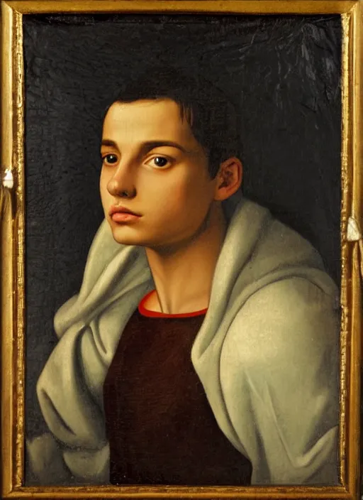 Prompt: a Spanish teenage boy with dark hair and green eyes, sharp jawline with a light beard, done in the style of a renaissance royal portrait