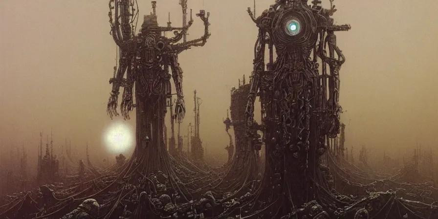 Image similar to Adeptus Mechanicus tech priest, Zdzislaw Beksinski, Wayne Barlowe, Joe Fenton, gothic, biomorphic, amazing details, dystopian, surrealism, cold hue's, warm tone gradient background