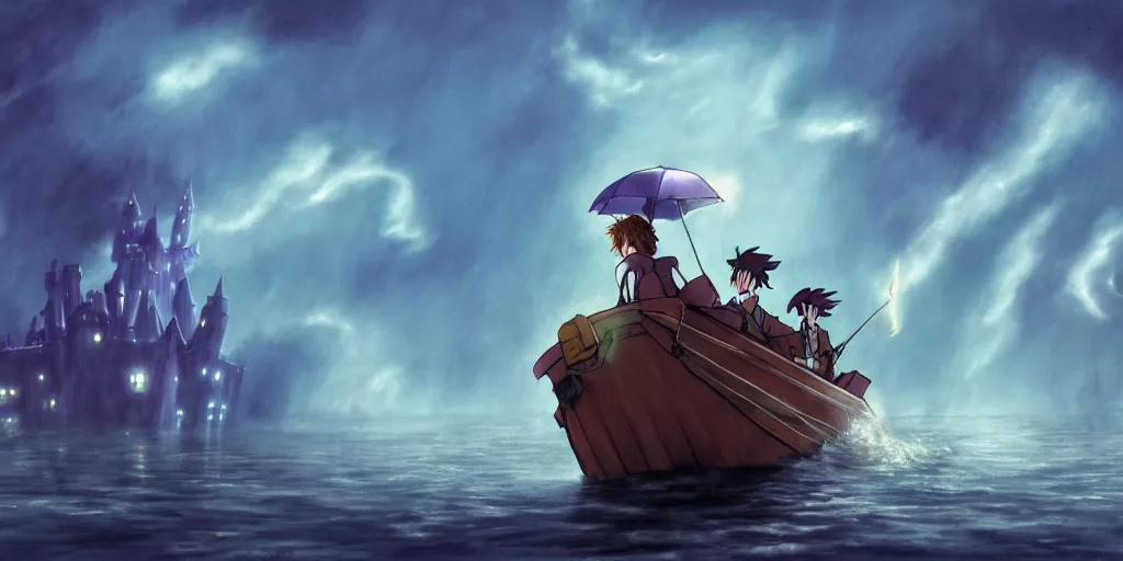 Image similar to a realistic and atmospheric cell - shaded concept art from howl's moving castle ( 2 0 0 4 ) of a multi - colored dragon in the air. a man with an umbrella is standing in a boat in a flooded city. it is a misty starry night. very dull muted colors, hd, 4 k, hq