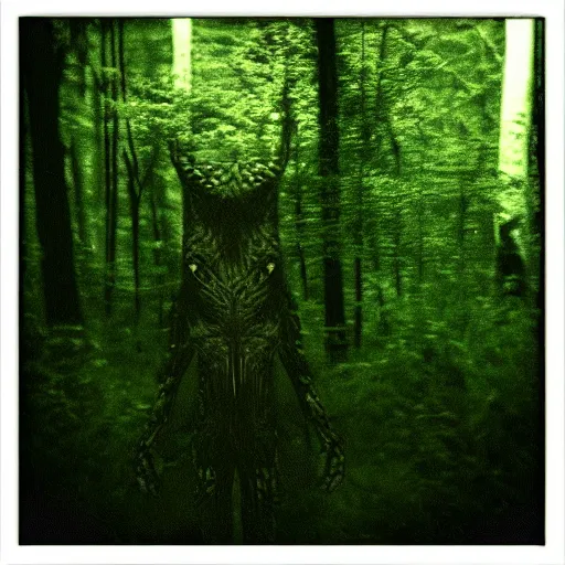 Image similar to grainy trail cam photo still of an alien in the woods at night hiding in the trees of a forest