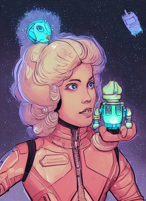 Prompt: beautiful planet cottagecore princess rosalina holding a small robot wearing a scifi jetsuit by laurie greasley, intricate bioluminescent highly detailed, digital painting, concept art, smooth, sharp, focus, illustration, art by artgerm, artstation