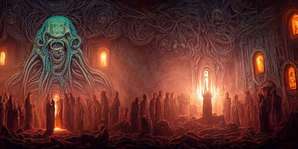 Prompt: portrait of circle group of priests invoking ritual in front of a giant lovecraft creature, intricate, glowing lights, highly detailed, sharp focus, wide - angle, atmospheric lighting, rich deep colors masterpiece, volumetric lighting, beautiful, rich deep colors masterpiece, sharp focus, ultra detailed by leesha hannigan, thierry doizon, kai carpenter