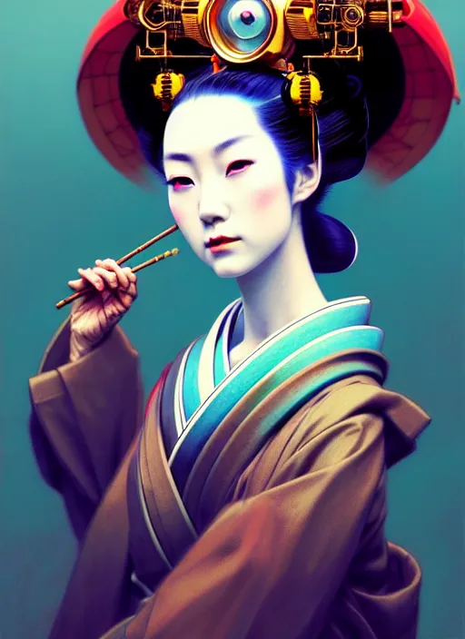 Image similar to beautiful japanese geisha wearing vr eyepiece, robotic, android, cyborg, cyberpunk face, steampunk, fantasy, intricate, elegant, highly detailed, colorful, vivid color, digital painting, cinematic lighting, artstation, concept art, art by artgerm and greg rutkowski and ruan jia,