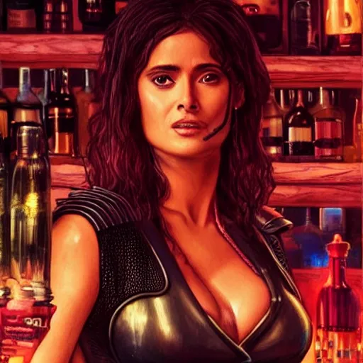 Image similar to salma hayek in a cyberpunk city bar wearing impractical female armour, perfect proportions, beautiful face, perfect eyes, real life colors, elegant, sharp focus, hyper - realistic, 4 k, highly detailed, hd, dramatic lighting by brom