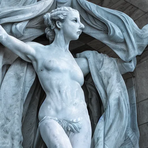 Prompt: a delicate renaissance evil marble sculpture covered with water veil, highly detailed transparent marble cloth, gi, global illumination, physically based rendering, photorealistic, top light, dark background