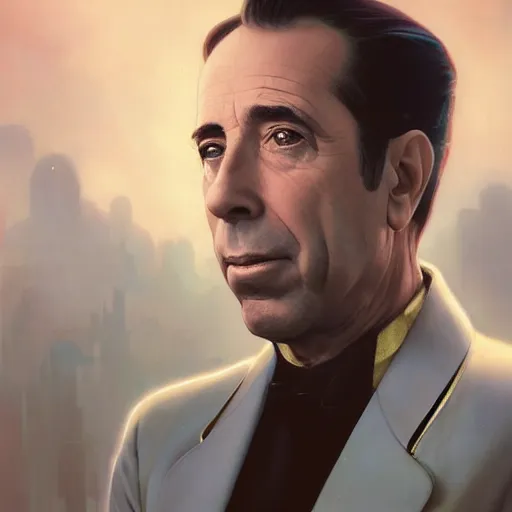 Image similar to beautiful delicate imaginative streamlined futuristic close up portrait of humphrey bogart sitting with elegant deadly looks, mechanical body on gold linings, smooth white and soft by ruan jia, tom bagshaw, alphonse mucha, krenz cushart, beautiful cyberpunk buildings in the background, epic sky, vray render, artstation, deviantart, pinterest, 5 0 0 px models