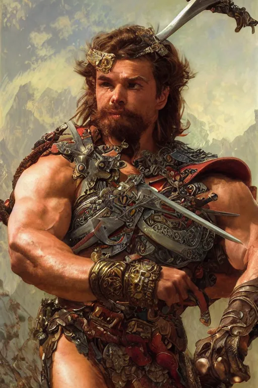 Image similar to closeup portrait of muscular male barbarian, intricate details, large sword, by Stanley Artgerm Lau, by greg rutkowski, by thomas kindkade, by alphonse mucha, loish, by norman rockwell J.