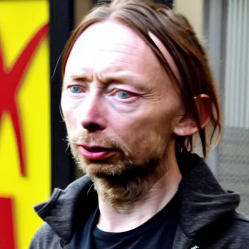 Prompt: thom yorke as a zombie eating people at mcdonalds in london