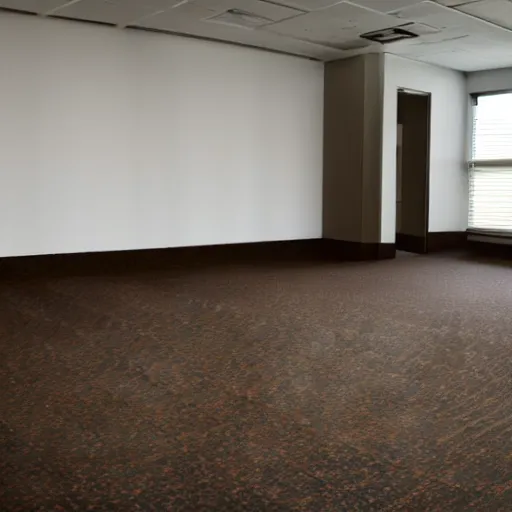 Image similar to an ominous endless space of empty connecting rooms with vanilla colored wallpaper and brown carpet, no windows