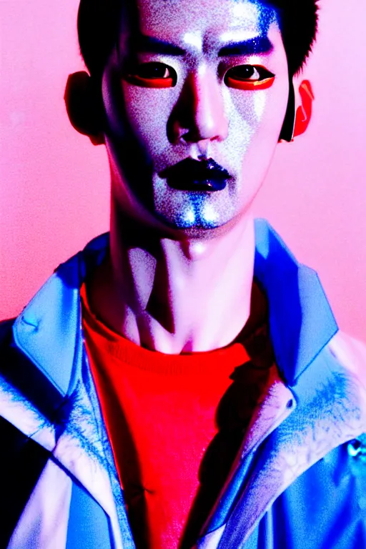 Prompt: a close - up risograph of cyberpunk japanese model men with black eyes and pretty face wearing lots of transparent and cellophane accessories, huge earrings, and queer make up, blue hour, twilight, cool, portrait, kodachrome, iso 1 2 0 0, photo by mayumi hosokura, style by moebius