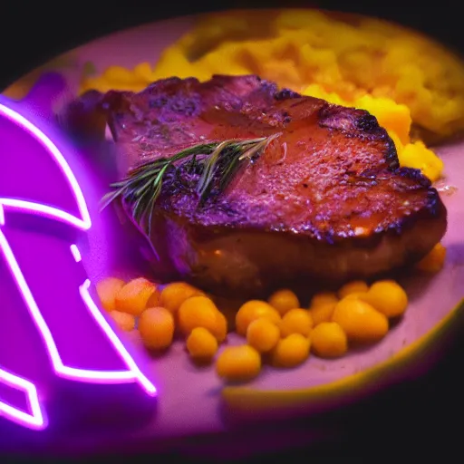 Image similar to neon gaming LED porkchops and mashed potatos, HD, trending on artstation, instagram post, -H 640