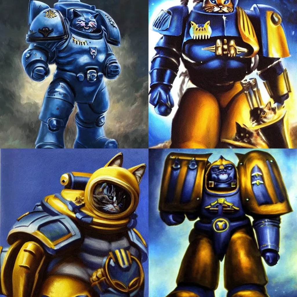 Prompt: a as cat as a Space Marine from the Warhammer 40k, ultramarine space marine cat, big shoulderpads glorious, cinematic, realistic lighting, masterpiece painting
