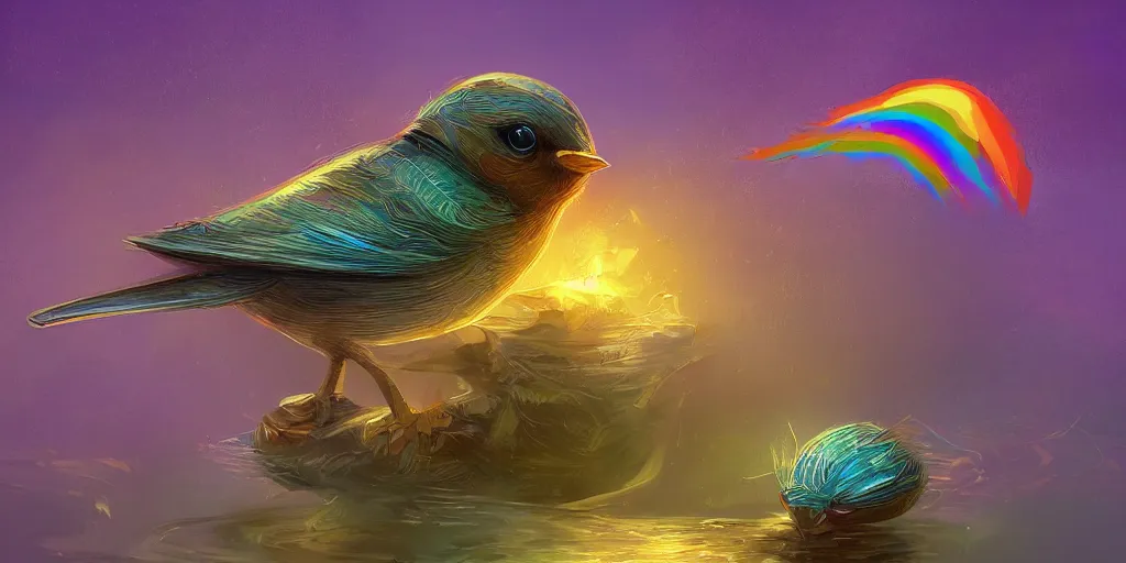 Image similar to baby bird, sunrise, pot of gold, rainbow, sci-fi, fantasy, intricate, very very beautiful, elegant, highly detailed, digital painting, artstation, concept art, smooth, sharp focus, illustration