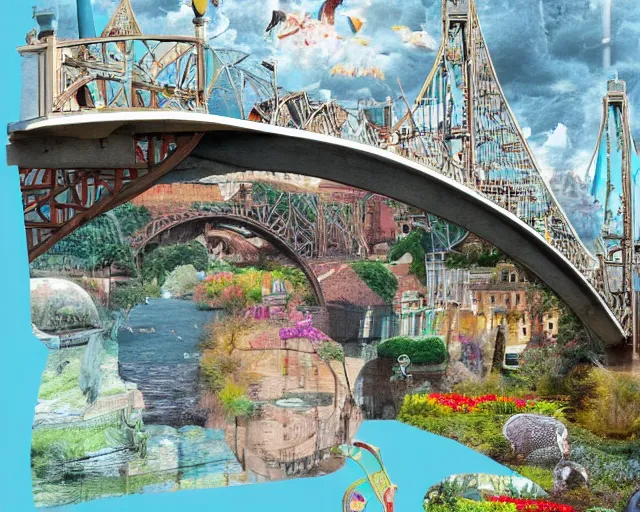 Prompt: detailed bridge with unexpected maximalist elements. 8x HD mixed media 3D collage in the style of a childbook illustration in soft natural tones. matte background no frame HD