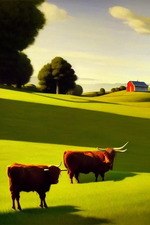 Prompt: peaceful farmland and highland cattle, in the style of edward hopper, solarpunk, atmospheric, clean, intricate and epic composition, gray by caravaggio, insanely quality, highly detailed, masterpiece, white light, artstation, 4 k