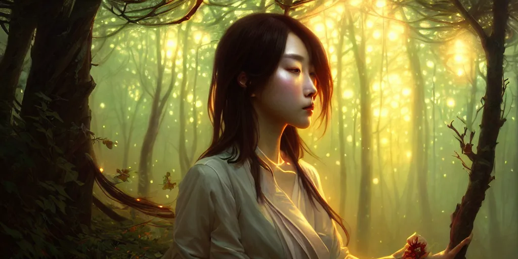 Prompt: beautiful digital painting of a hoyeon jung stylish female forest night with high detail, real life skin, freckles, 8 k, stunning detail, lights, shadows, volumetric lighting, works by artgerm, greg rutkowski and alphonse mucha, unreal engine 5, 4 k uhd