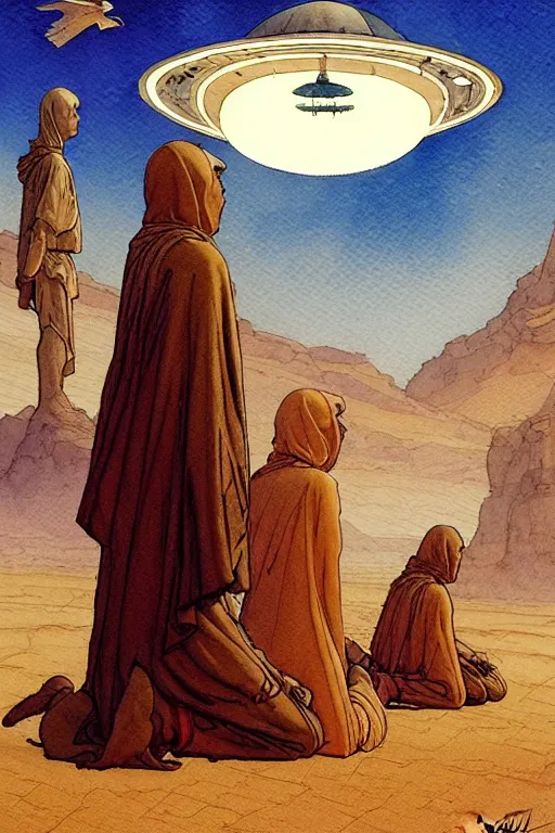 Image similar to a hyperrealist watercolour character concept art portrait of a group of middle eastern men kneeling down in prayer in front of a giant angel on a misty night in the desert. a ufo is in the background. by rebecca guay, michael kaluta, charles vess and jean moebius giraud