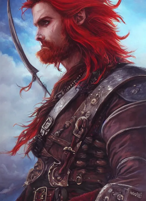 Prompt: an epic fantasy comic book style portrait painting of a long haired, red headed male sky - pirate in front of an airship in the style of eve ventrue