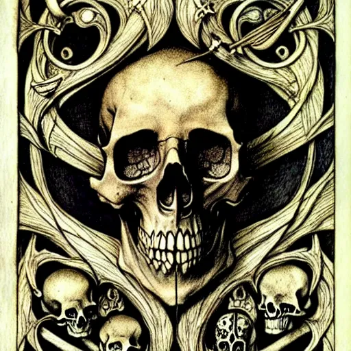 Image similar to memento mori by arthur rackham, detailed, art nouveau, gothic, ornately ornamented beautiful skull, intricately carved antique bone, skulls, botanicals, horizontal symmetry