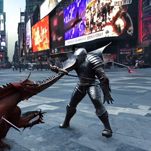 Image similar to a knight fighting a dragon in Times Square, unreal engine, 8k, photo realistic