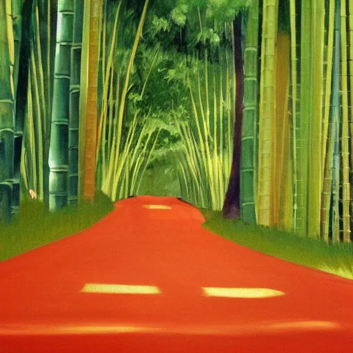 Image similar to a red daihatsu delta truck parked in the apex of a curve with the road surrounded by a canopy of bamboo trees, the shadows of the leaves are proyected onto the road painting by edward hopper