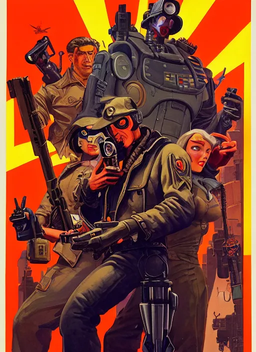 Image similar to american propaganda poster. cyberpunk blackops mercenary. portrait by jean giraud and anton otto fischer and john philip falter and will eisner and gil elvgren and pixar. realistic proportions. character art. science fiction d & d. overwatch, rb 6 s, cyberpunk 2 0 7 7, blade runner 2 0 4 9.