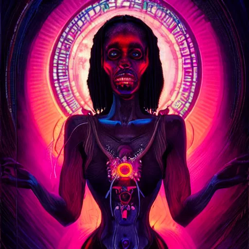 Image similar to a death tarot featuring a haitian voodoo priestess with menacing eyes, blacklight neon colors, by anton semenov and android jones in cyberpunk voodoo style, oil on canvas, 8k