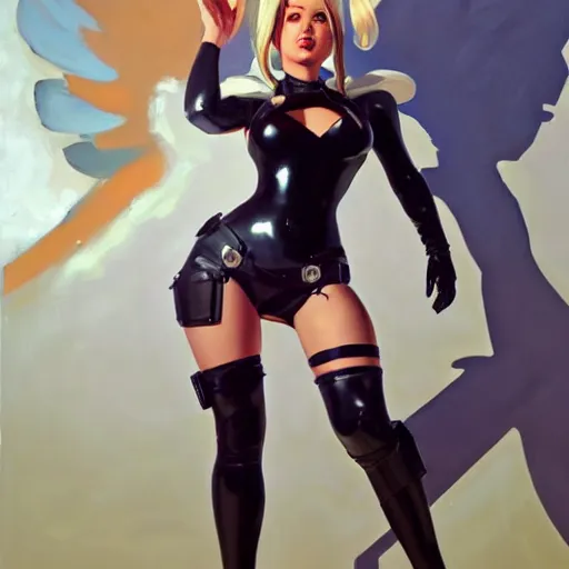 Prompt: greg manchess portrait painting of female wearing a latex suit as mercy from overwatch, medium shot, organic painting, sunny day, matte painting, bold shapes, hard edges, street art, trending on artstation, by huang guangjian and gil elvgren and sachin teng