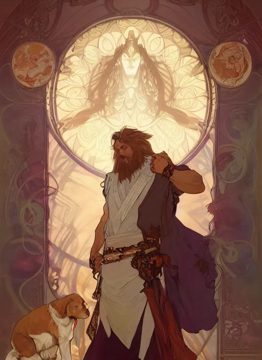 Prompt: beautiful illustration of a wizard with a dog as a god with alphonse mucha and craig mullins, gorgeous, amazing, flowing hair, muscular, very muscular male body, in the style abigail larsonand and sam guay, rim light, beautiful lighting, 8 k, stunning scene, octane, trending on artstation