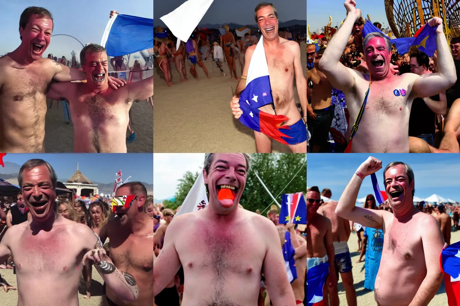 Prompt: nigel farage shirtless holding eu flag laughing at burning man festival