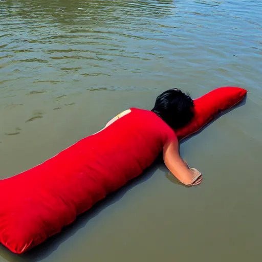 Image similar to an anime body pillow floating in the Ganges