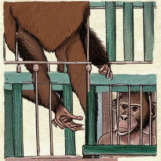 Image similar to monkey at the zoo grabs man's shirt through bars, very very beautiful, trending on artstation