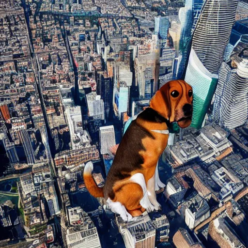 Image similar to photo of gigantic beagle dog over a city