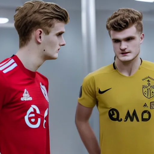 Image similar to a realistic detailed photo of a guy who is an attractive humanoid who is half robot and half humanoid, who is a male android, soccer players martin ødegaard & timo werner, shiny skin, posing like a statue, blank stare, in a factory, on display, showing off his muscles, gold soccer shorts, side view, looking at each other mindlessly