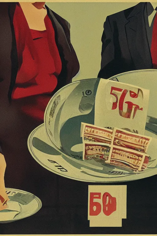 Image similar to a weight with a businesswoman on the left plate and cash on the right plate. poster illustration, soviet realist poster art