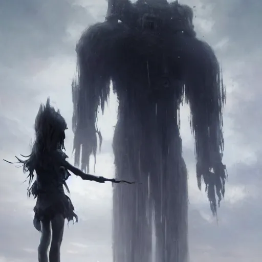 Image similar to a beautiful terrifying immense pale humanoid giant looms over a tiny human. ethereal horror fantasy art by greg rutkowski