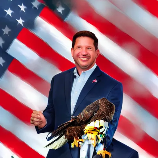 Image similar to ron desantis with bald eagle sitting on his shoulder, award - winning, artstation, patriotic, fireworks in background,