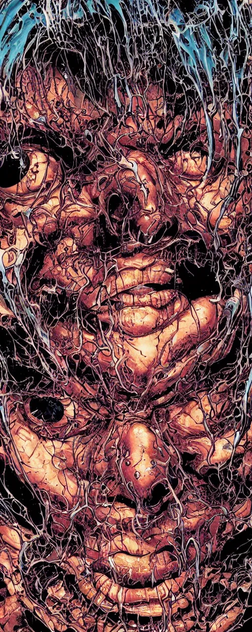 Image similar to closeup of face melting in agony, inside dark oil, frontal picture, by yoichi hatakenaka, masamune shirow, josan gonzales and dan mumford