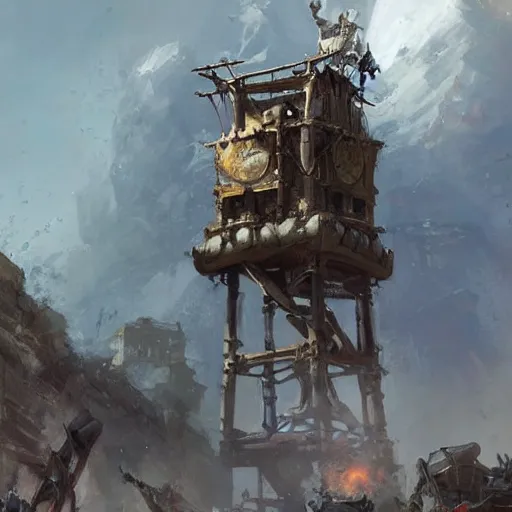 Image similar to a moving siege tower machine with cart wheels, crossbow on the tower, epic fantasy style art by Craig Mullins, fantasy epic digital art, epic fantasy card game art by Greg Rutkowski