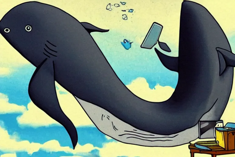 Image similar to anime whale using a computer, anime whale, anime screencap