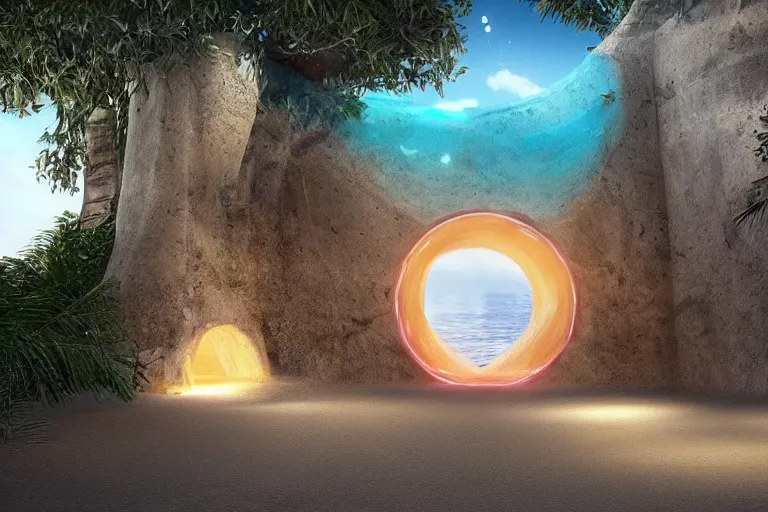Prompt: a magical glowing portal in the middle of a city that leads to a beach, through the portal you can see a beach, realistic