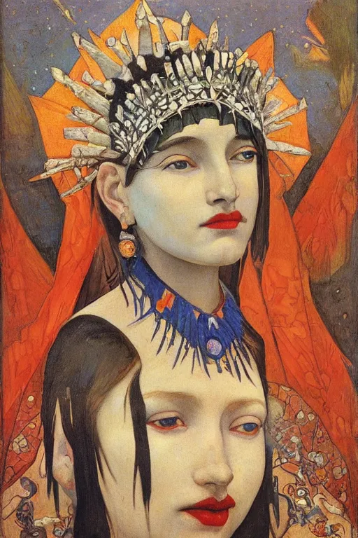 Image similar to queen of the crows with stars in her hair by Nicholas Roerich and Annie Swynnerton and Diego Rivera and jean delville and Carl Larsson, dramatic cinematic lighting , silver jewelry, ornate headdress, flowing robes, sacred artifacts, lost civilizations, smooth, sharp focus, extremely detailed