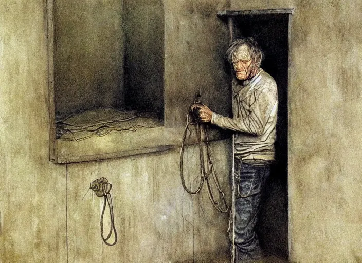 Prompt: shabby but smart faced homeless man in a dirt floored cell chained to a wall, talking questioningly, painting by andrew wyeth and alan lee, very detailed, somber mood,