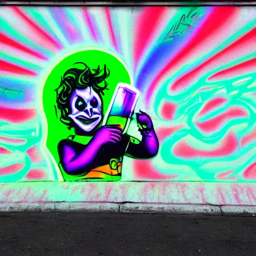 Image similar to florescent glowwave graffiti of the baby joker drinking wine on a street wall, glow wave