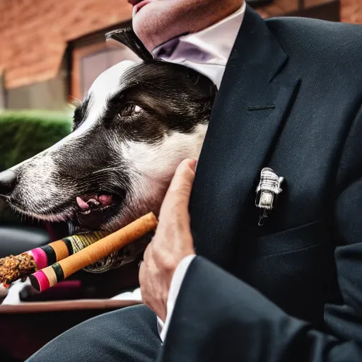 Image similar to a high detail closeup photograph of a dog wearing a suit 👔,and smoking a cigarrette🚬, award wining photograph