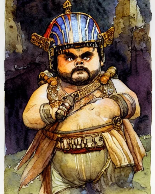 Image similar to a realistic and atmospheric watercolour fantasy character concept art portrait of a fat adorable chibi shih tzu roman centurion in a roman temple, by rebecca guay, michael kaluta, charles vess and jean moebius giraud